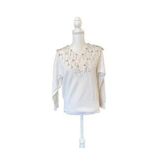 Bonnie Boerer Vintage White Knit V Neck Sweater w/ Crystal Ornaments, Small